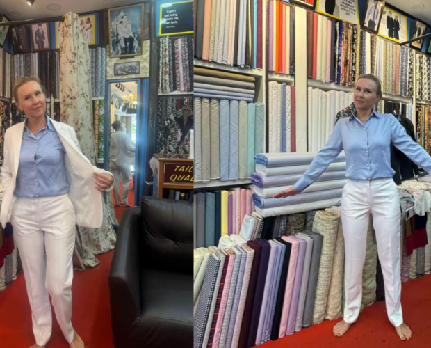 Alt Text: "Professional interview outfit — bespoke navy suit and dress shirt from The Alex Fashion House Phuket