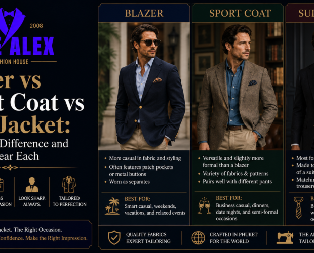 Blazer vs sport coat vs suit jacket comparison — The Alex Fashion House Karon Phuket Thailand