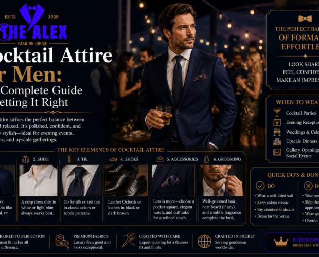 Men's cocktail attire — well-tailored suit from The Alex Fashion House Karon Phuket Thailand