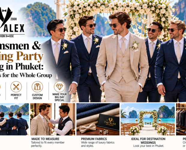 Groomsmen and wedding party in matching bespoke suits in Phuket — The Alex Fashion House Karon